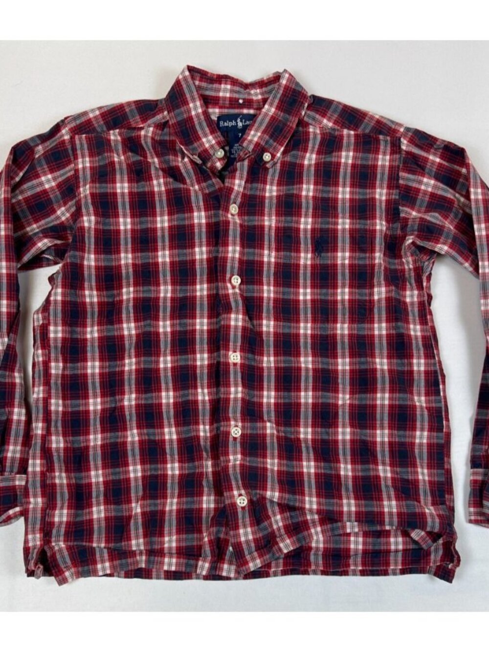 Ralph Lauren Boys 7 Red Blue White Plaid Button Up Long Sleeve Shirt Cotton